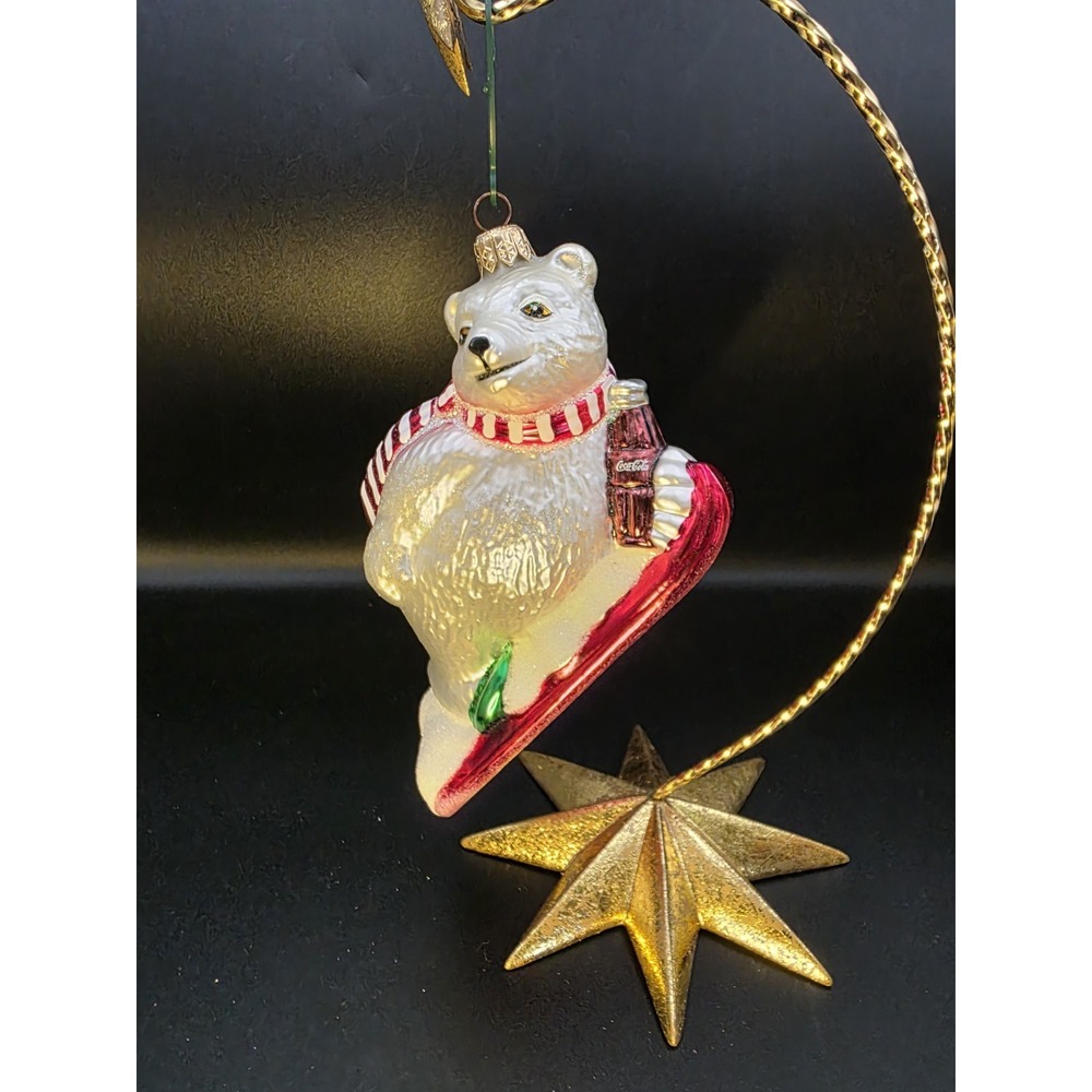 Polonaise Coca-Cola Polar Bear Glass Christmas Ornament Coke On Ski Logo VTG